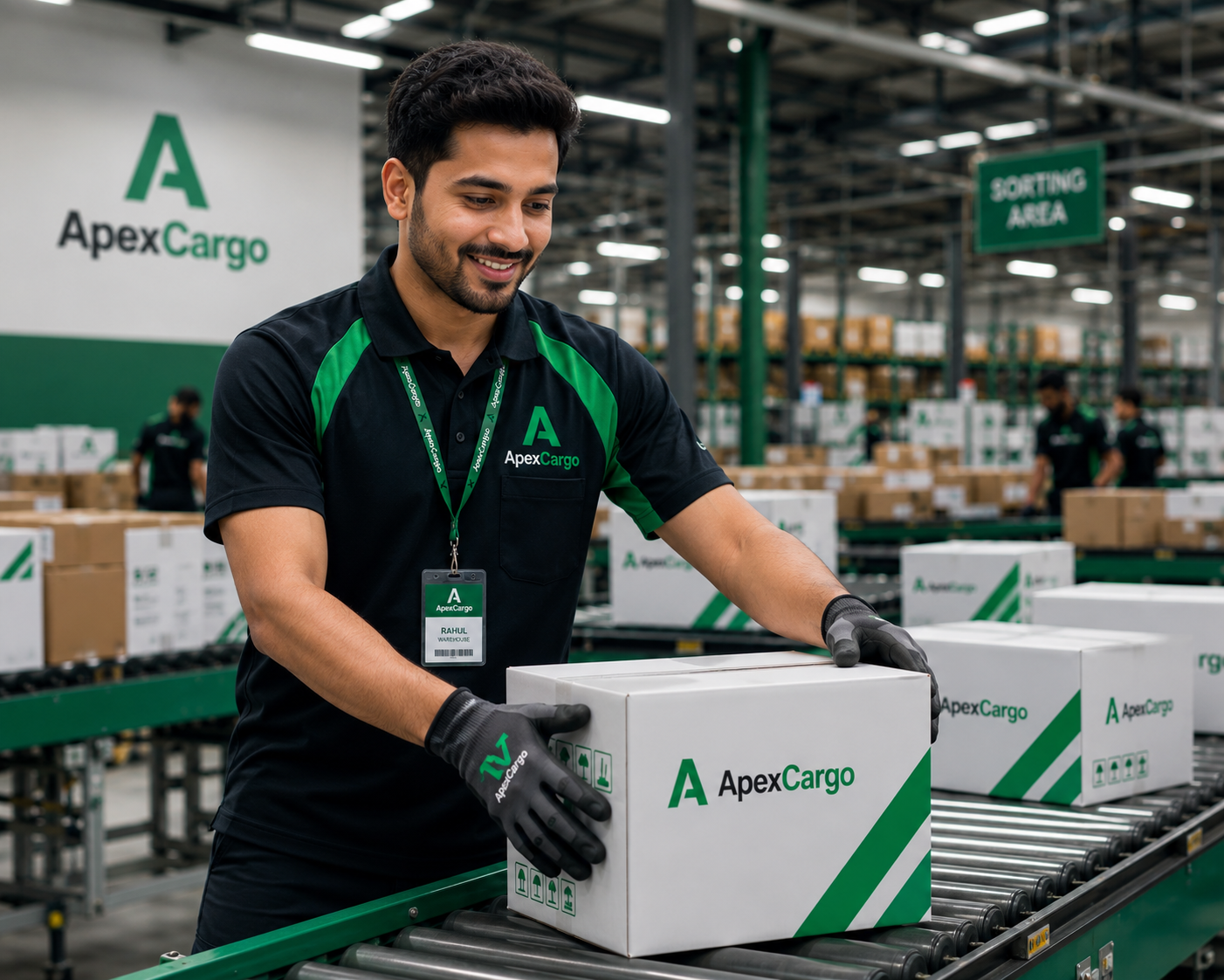 ApexCargo warehouse team sorting packages at scale