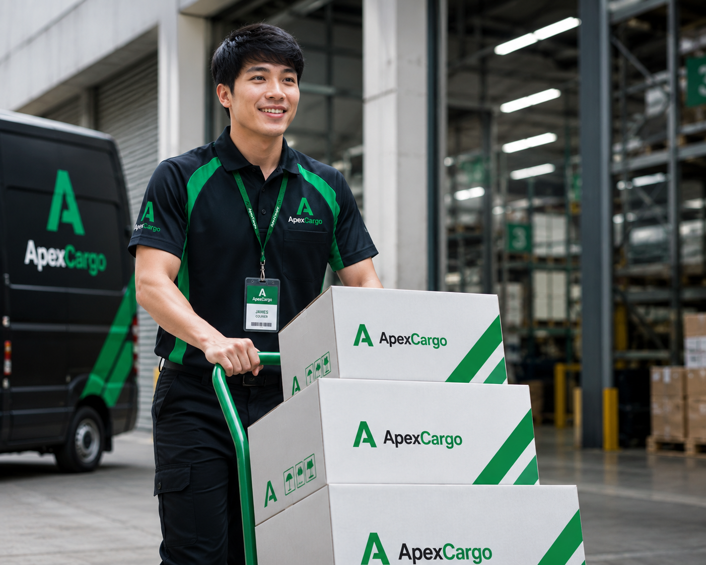 ApexCargo courier moving stacked branded boxes on a dolly