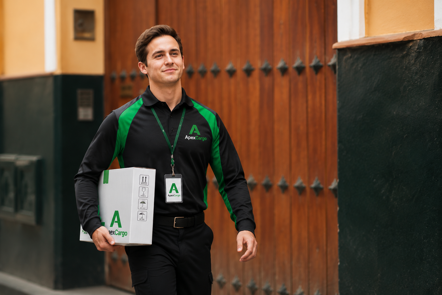 ApexCargo courier carrying a parcel for pickup