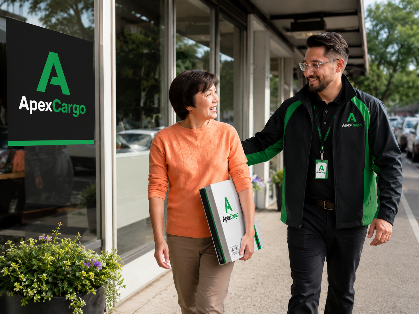 ApexCargo representative assisting a customer outside a location