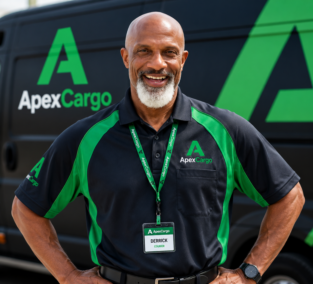 ApexCargo courier portrait in front of a branded van