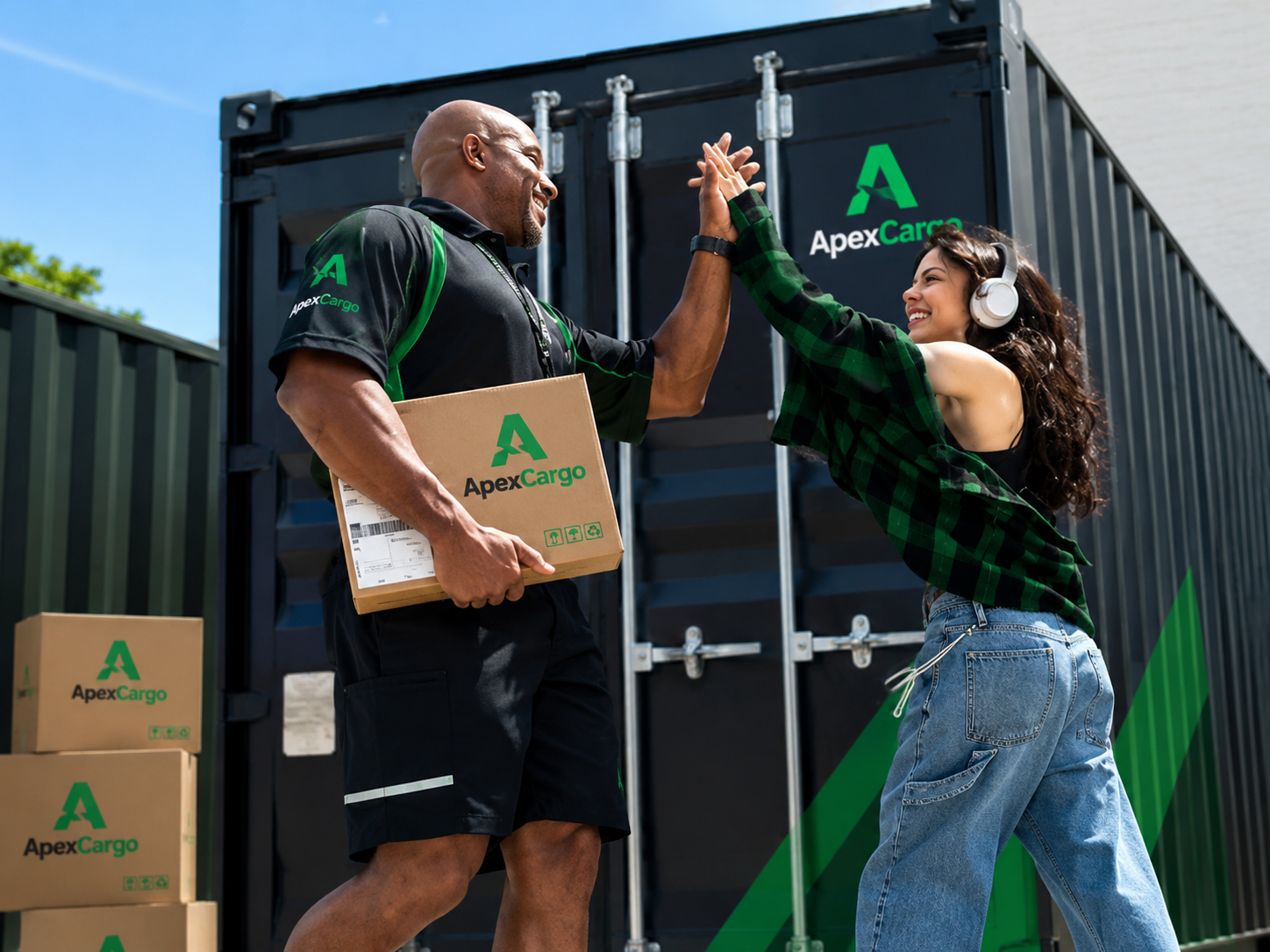 ApexCargo courier high-fiving a happy customer after delivery